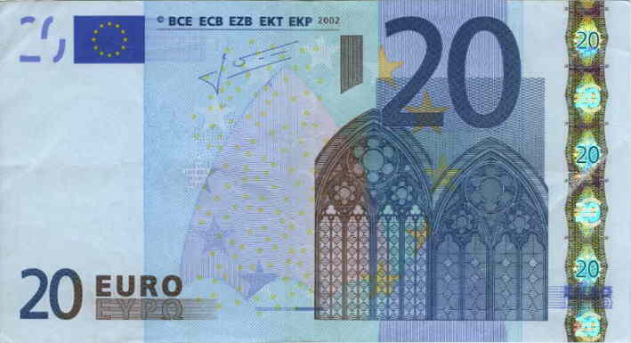 【偽造２０ユーロ紙幣の鑑定】 １ ．全体写真 １）表面